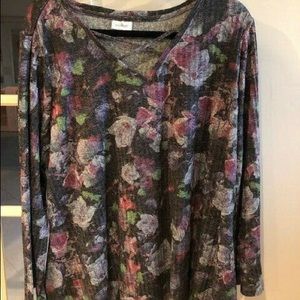 AVENUE Shimmer Long Sleeve Floral Blouse w/Criss-Cross Neckline (22/24) NWT $49
